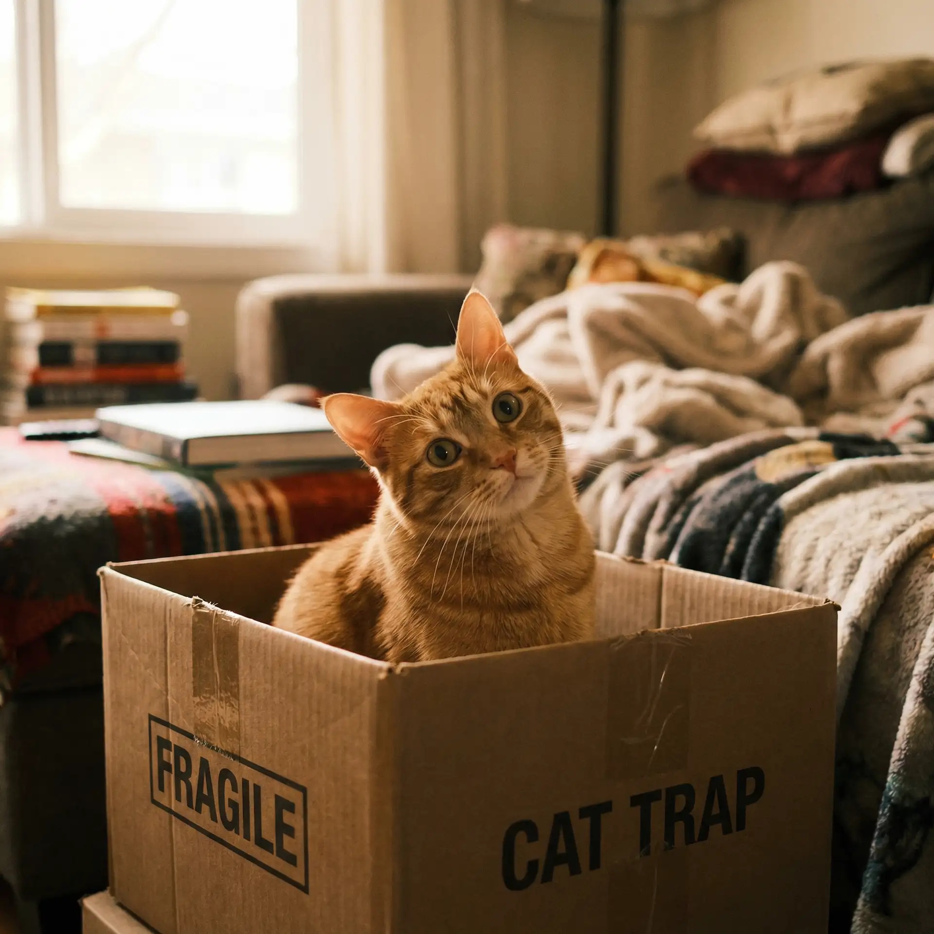 橘猫躲在纸箱里 - 可以擦掉衣服的动态壁纸